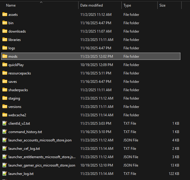 Mods folder in Minecraft directory