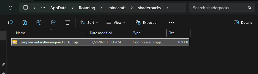 Shader pack file in the shaderpacks folder