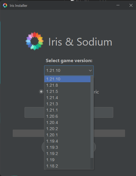 Iris Installer window showing version selection