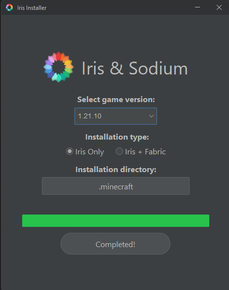 Iris Installer success message