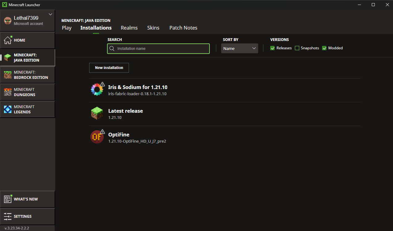 Minecraft Launcher with Iris & Sodium profile selected