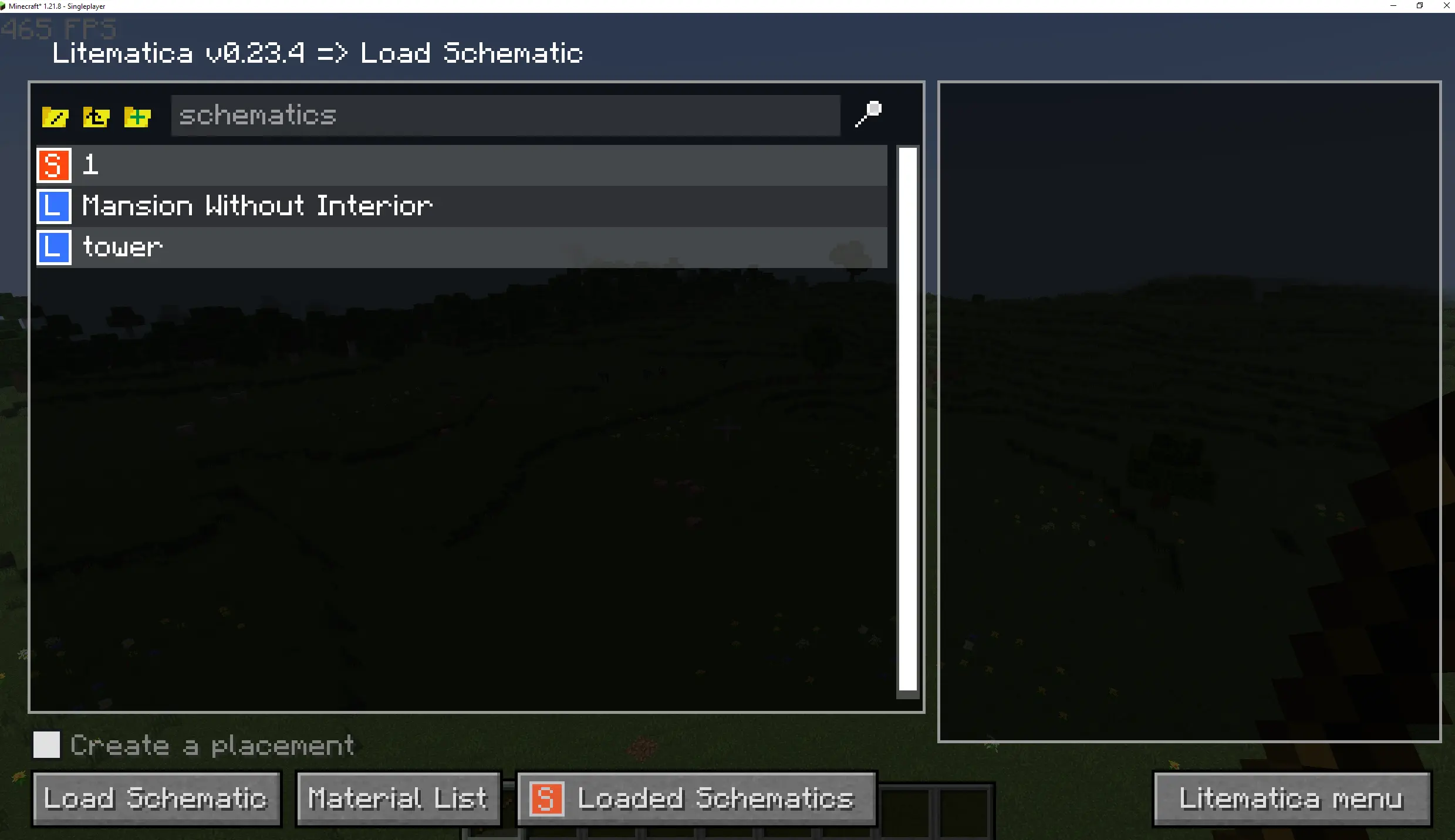 The Load Schematics menu in Litematica The Load Schematics menu in Litematica