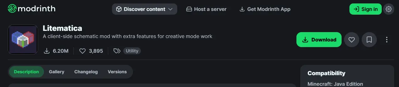 Downloading the Litematica mod from Modrinth