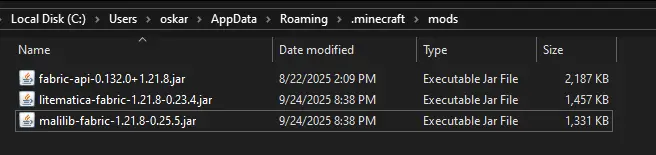 Correct contents of the mods folder with Litematica, MaLiLib, and Fabric API Correct contents of the mods folder with Litematica, MaLiLib, and Fabric API