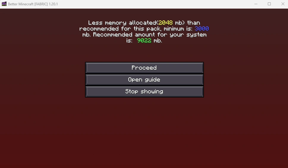 Screen informing about the need to allocate more RAM