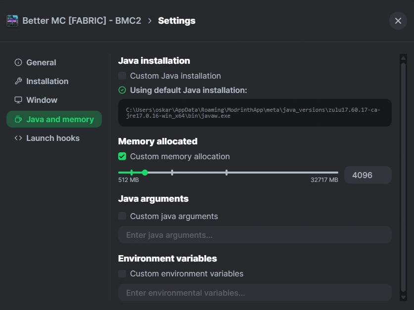 Increasing the RAM allocation Instance settings screen with the RAM allocation option