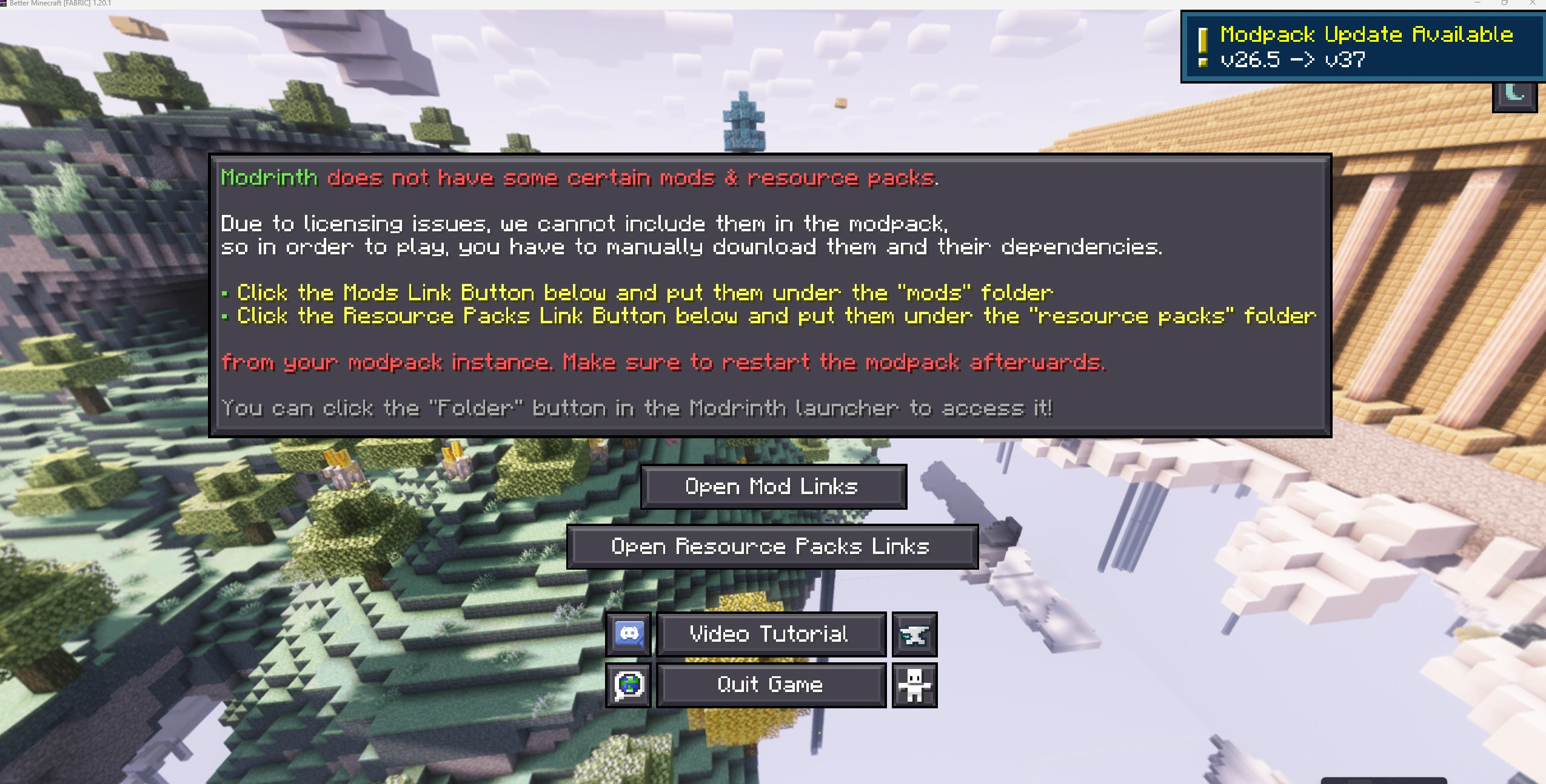 Information about required mods Screen requiring manual installation of mods