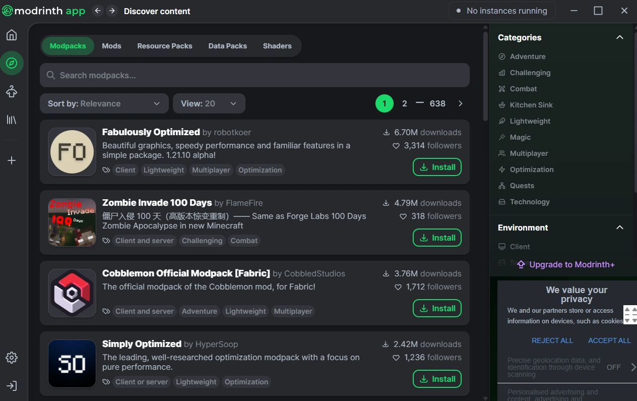 Step 7: Search for a modpack Searching for the Better Minecraft modpack in the Modrinth App