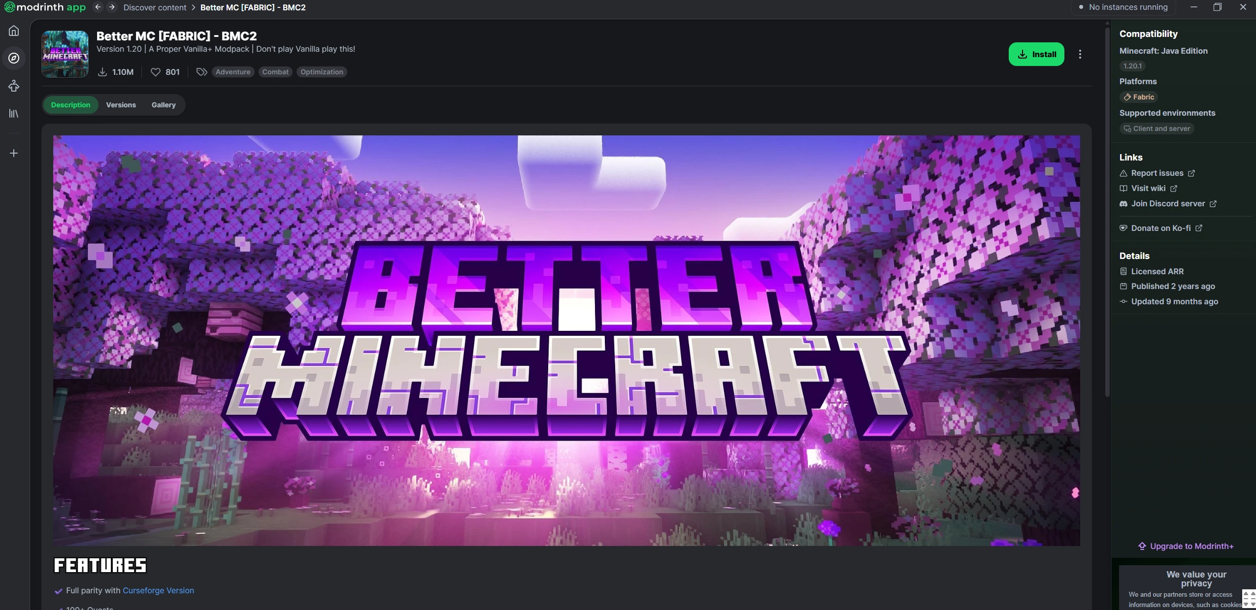 Step 8: Click Install to begin the installation The Better Minecraft modpack page with the Install button visible