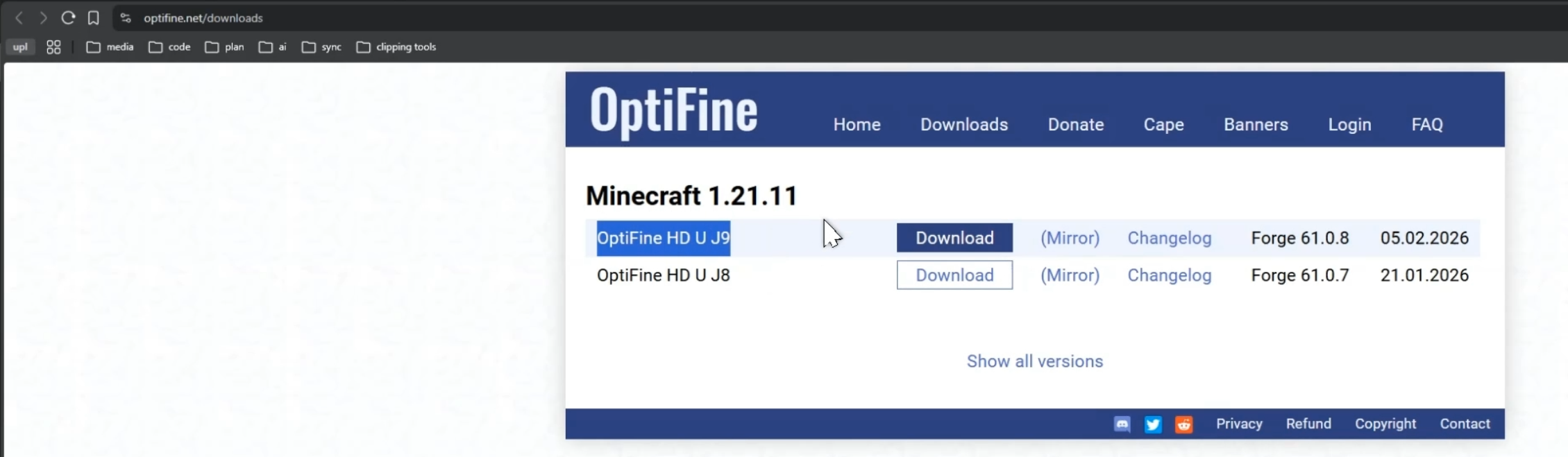 OptiFine website downloads page