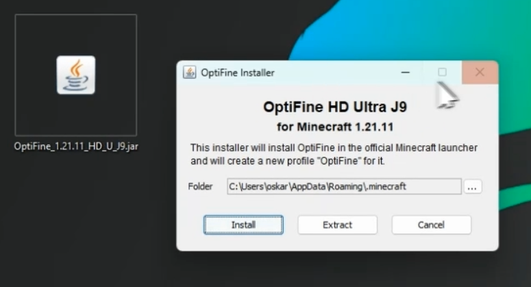 OptiFine installer window