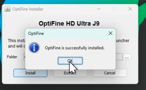 OptiFine installed successfully
