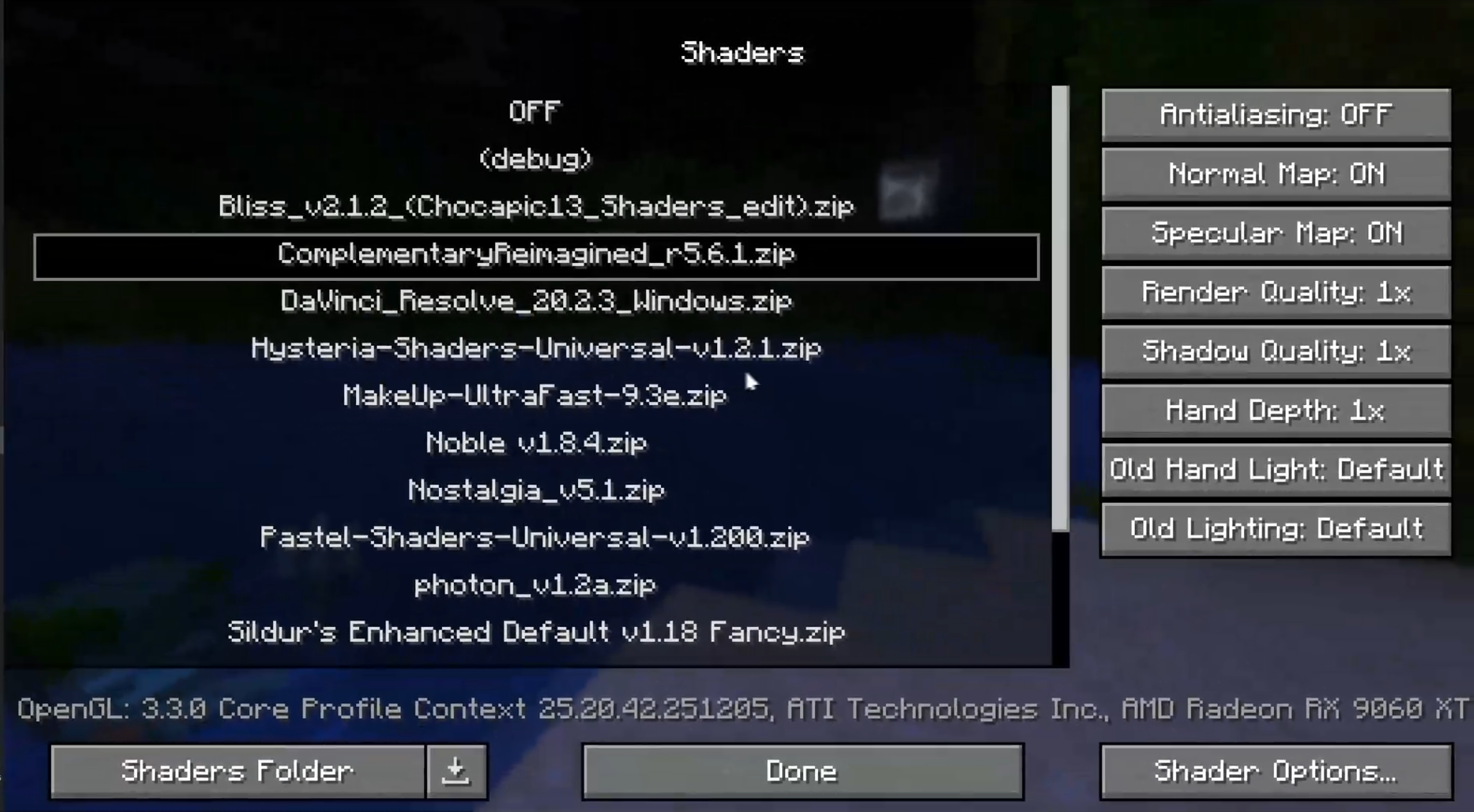 OptiFine video settings in game