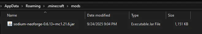 Mods folder with Sodium mod file