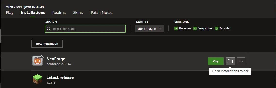 Installations tab in Minecraft Launcher