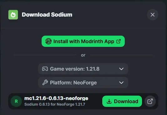Sodium download options for NeoForge