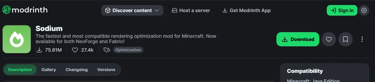 Sodium mod page on Modrinth